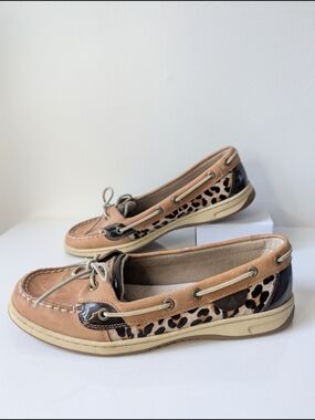 Sperry Angelfish Leopard Pony Hair Boat Shoes | Tan Leather | Size 9.5